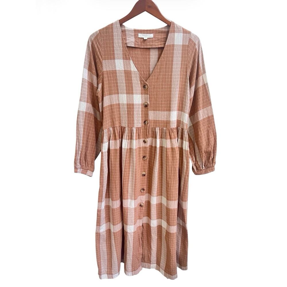 Grade & Gather Overfit Plaid Button Down Midi Dress V Neck Long Slv Prairie Sz S - Picture 2 of 8